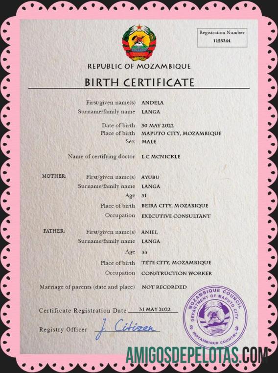 Realista modelo PSD de certidão de nascimento de Moçambique